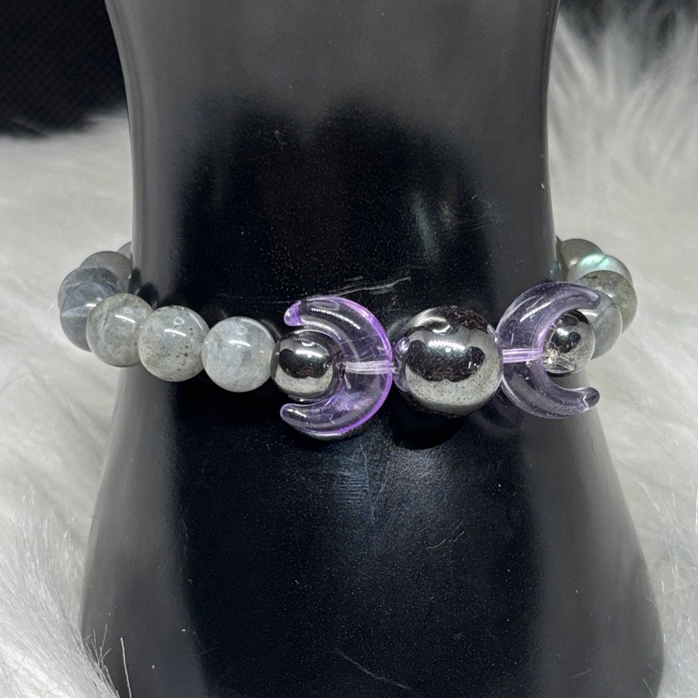 Handmade Labradite and Hematite Triple Moon Bracelet Witchy Luxe Dark Romantic